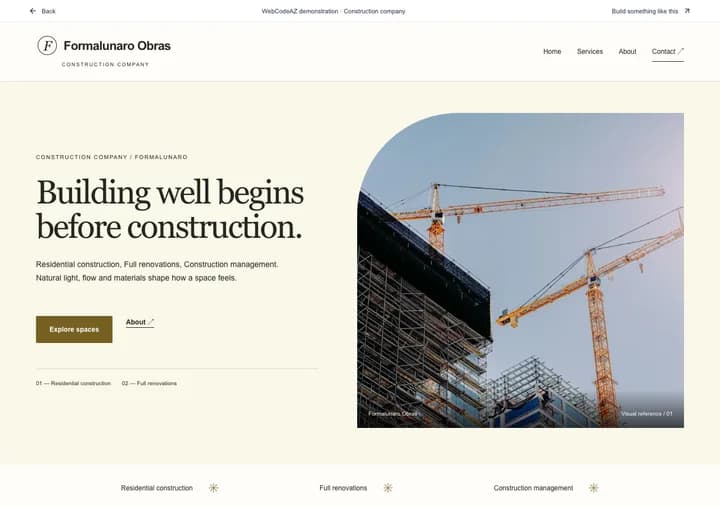 WebCodeAZ demonstration: Formalunaro Obras · Construction company