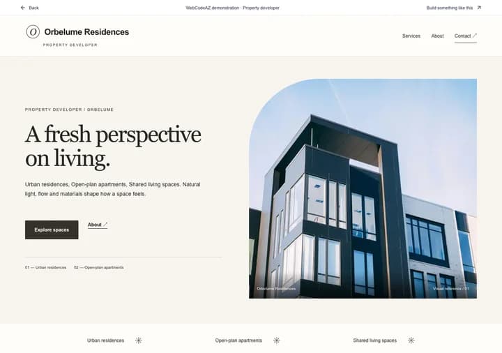 WebCodeAZ demonstration: Orbelume Residences · Property developer