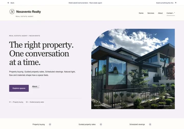 WebCodeAZ demonstration: Nexavento Realty · Real estate agent